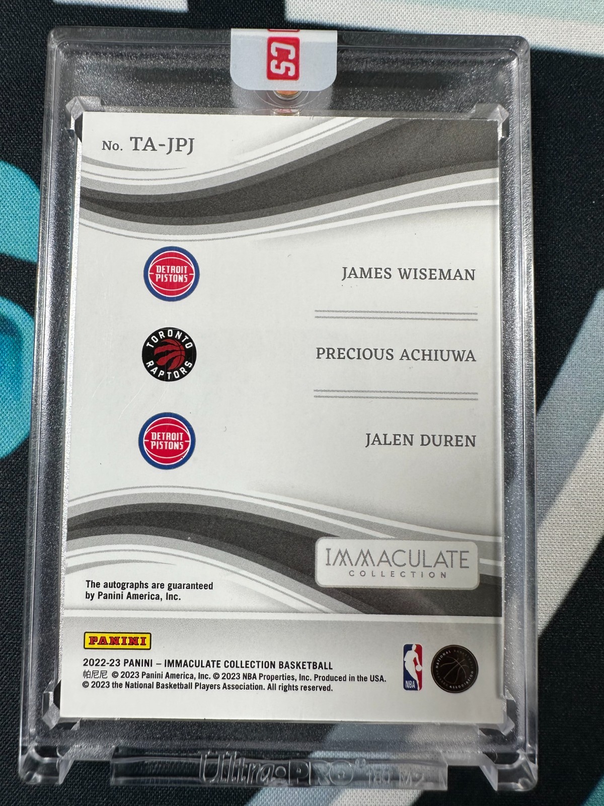 22-23 Panini Immaculate TA-JPJ Triple Auto Jalen Duran, Achiuwa,Wiseman /25 view 2