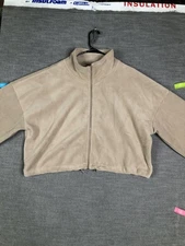 ANRABESS Jacket Womens Large Beige Fleece Full Zip Mock Neck Cropped Drawcord
