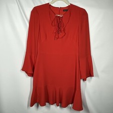 Karen Millen Dress UK8 US4 Lace Up Ruffled Flare Sleeve Red Holiday Boho Hippie