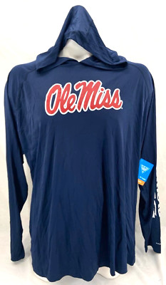 NEW Ole Miss Rebels Mississippi Columbia PFG LS Navy Blue Hooded Shirt Men's XXL