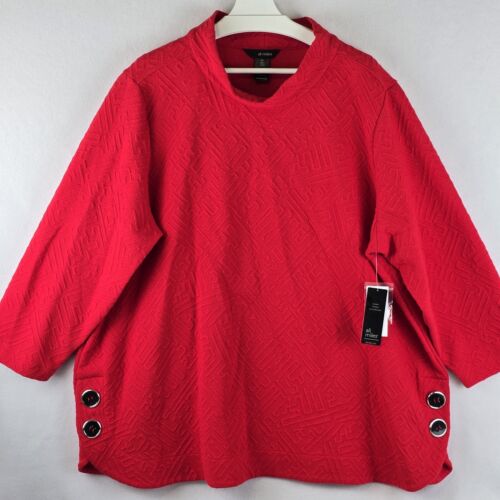 $79 Ali Miles Plus 2X Mock Neck Red Textured Tunic Top Thick Pullover Sweatshirt