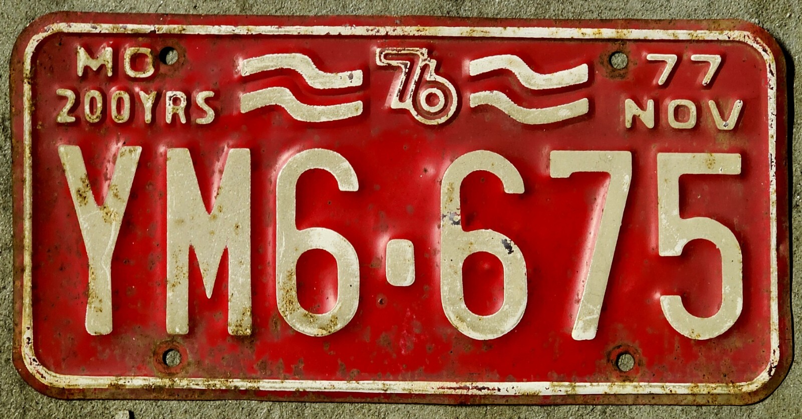 1977 White on Red Missouri Bicentennial License Plate
