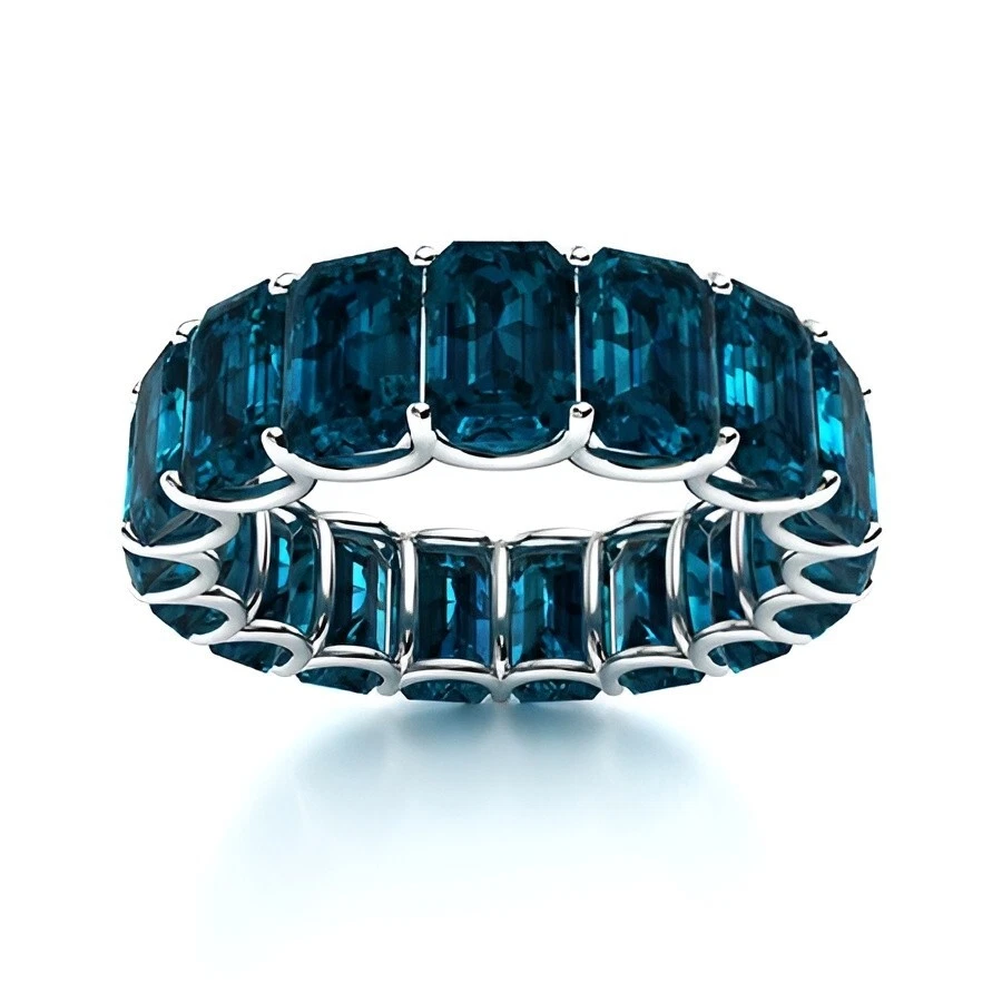 London Blue Topaz Emerald-Cut 6x4mm Wedding Band Ring With Rhodium Plated - Image 4 of 4