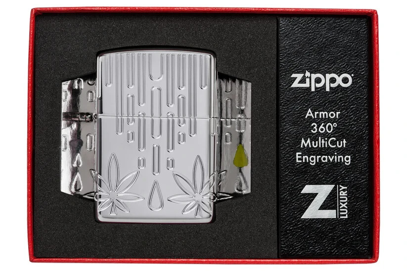 Zippo 46303, Waxy Cannabis Leaf Multi-Cut Armor High Polish Chrome