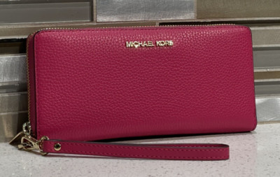 MICHAEL KORS JET LARGE TRAVEL CONTINENTAL CARD WALLET LEATHER ELECTRIC PINK GOLD