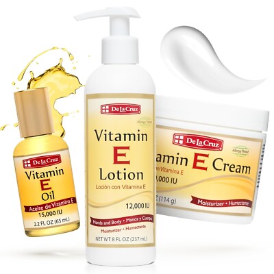 De La Cruz - Vitamin E Cream, Lotion and Oil Bundle - Moisturizer / 3 ITEMS !!