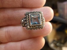 EXCELLENT LADIES STERLING SILVER RING - MARCASITES "TOPAZ BLUE" SQUARE CZ GEM