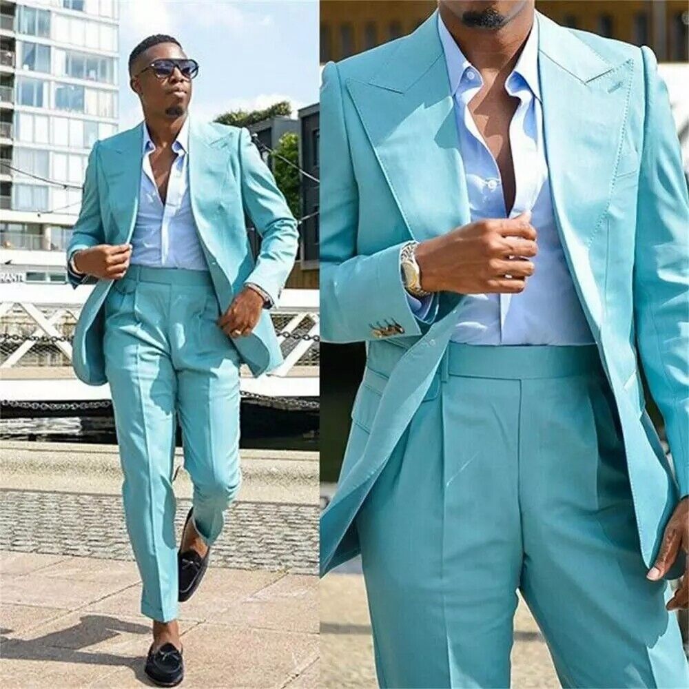 Men Suits Wedding Suits 2 Piece Groom Wear Light Blue One 