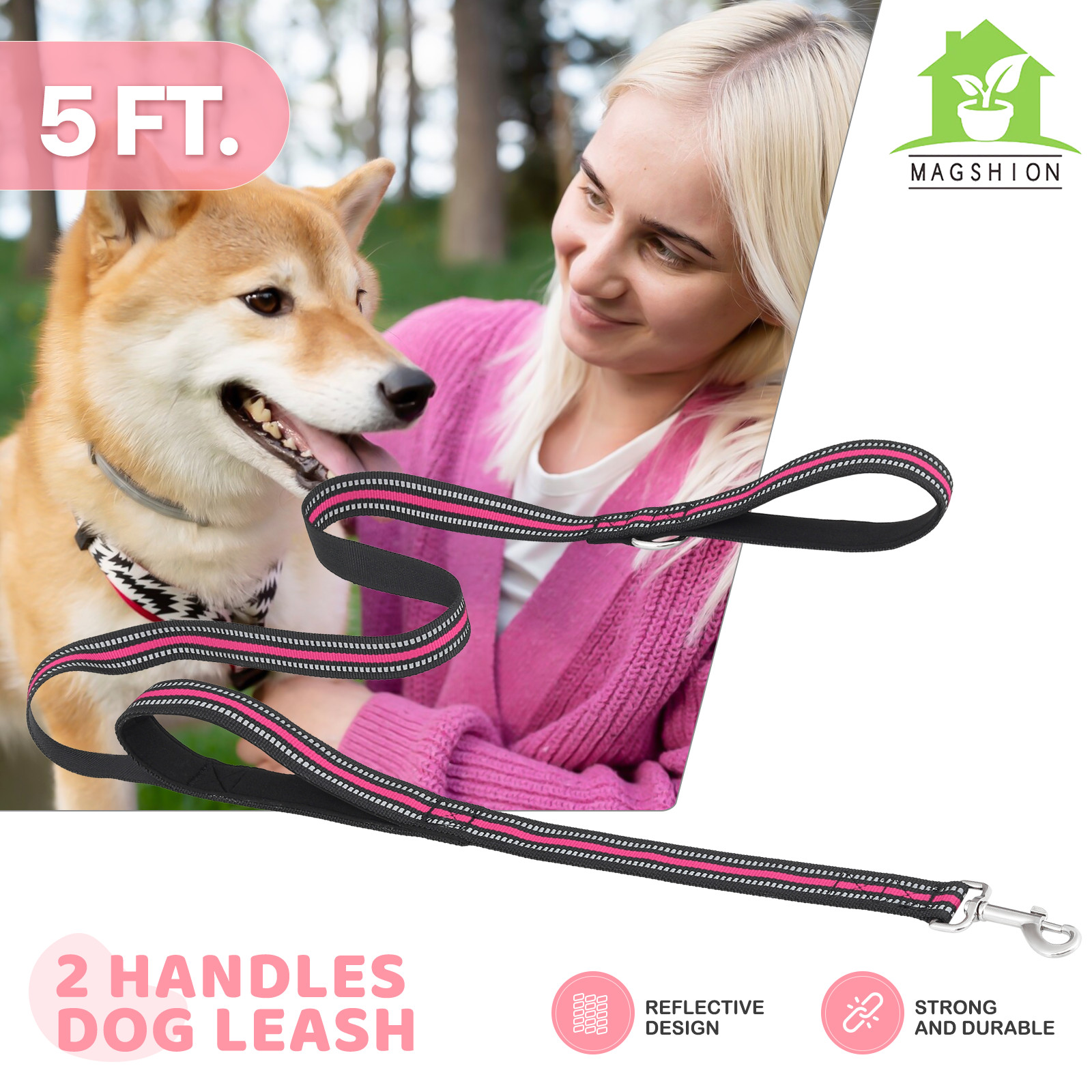 Soft Dog Leash Pet Leash Control Heavy Duty 5FT Pink Reflective Leash w/Handles