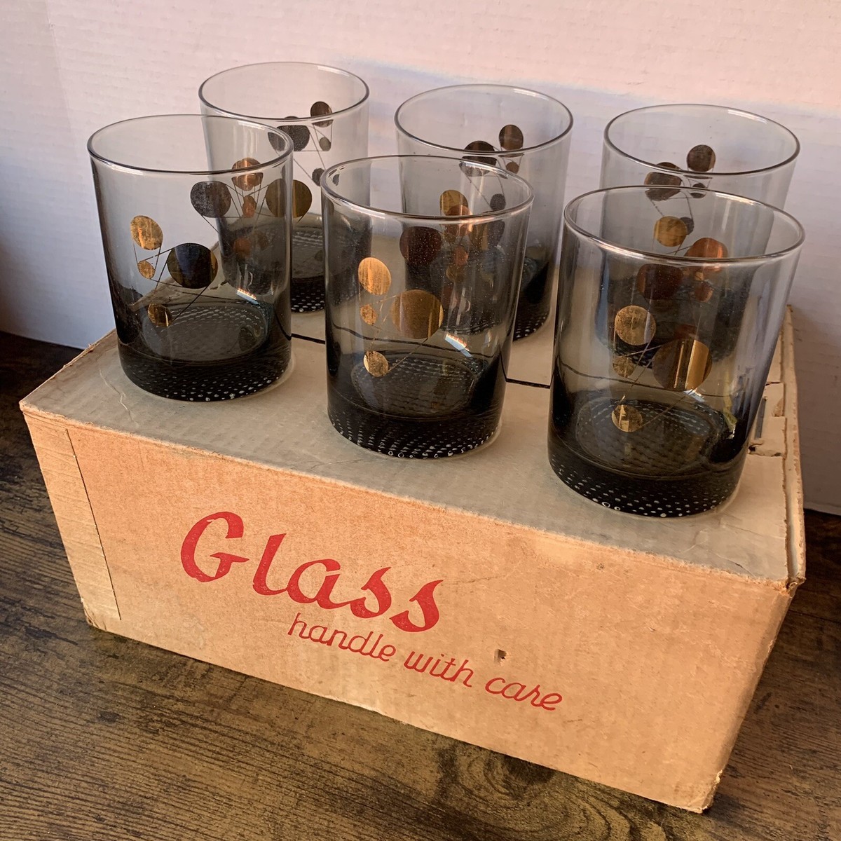 Rare & Unique Vintage Set Of 6 Glass Cups 4.25 W Original Box 1960s New