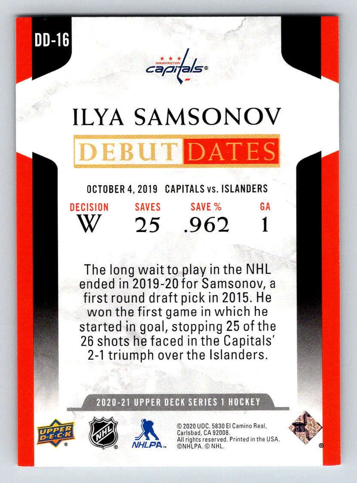 2020-21 Upper Deck Debut Dates #DD16 Ilya Samsonov (ref 197122) - Image 2 of 2