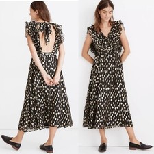 Madewell Midi Dress 0 Black Metallic Polka Dots Open Back Ruffle Party NWT MC330
