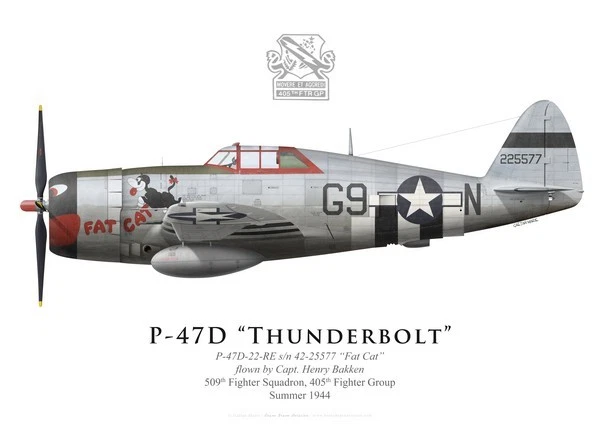 Print P-47D Thunderbolt, Capt. Bakken, 509th FS, 405th FG, 1944 (by G. Marie)