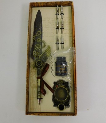 Calligraphy Feather Dip Pen Set Steam Punk Writing Drawing Gift Box W/6 Nibs New