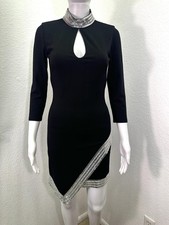 Bebe XS Black Bodycon Mini Dress Rhinestones Clubwear Y2K Mobwife Cocktail Dance