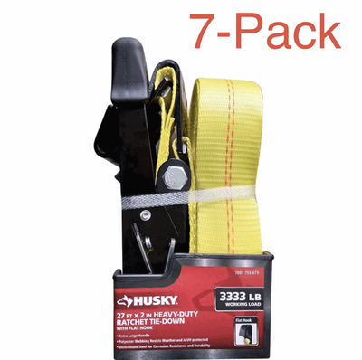#ad Husky 2 in. x 27 ft. Heavy Duty Ratchet Tie Down Strap with Flat Hooks 7 PACK $69.95