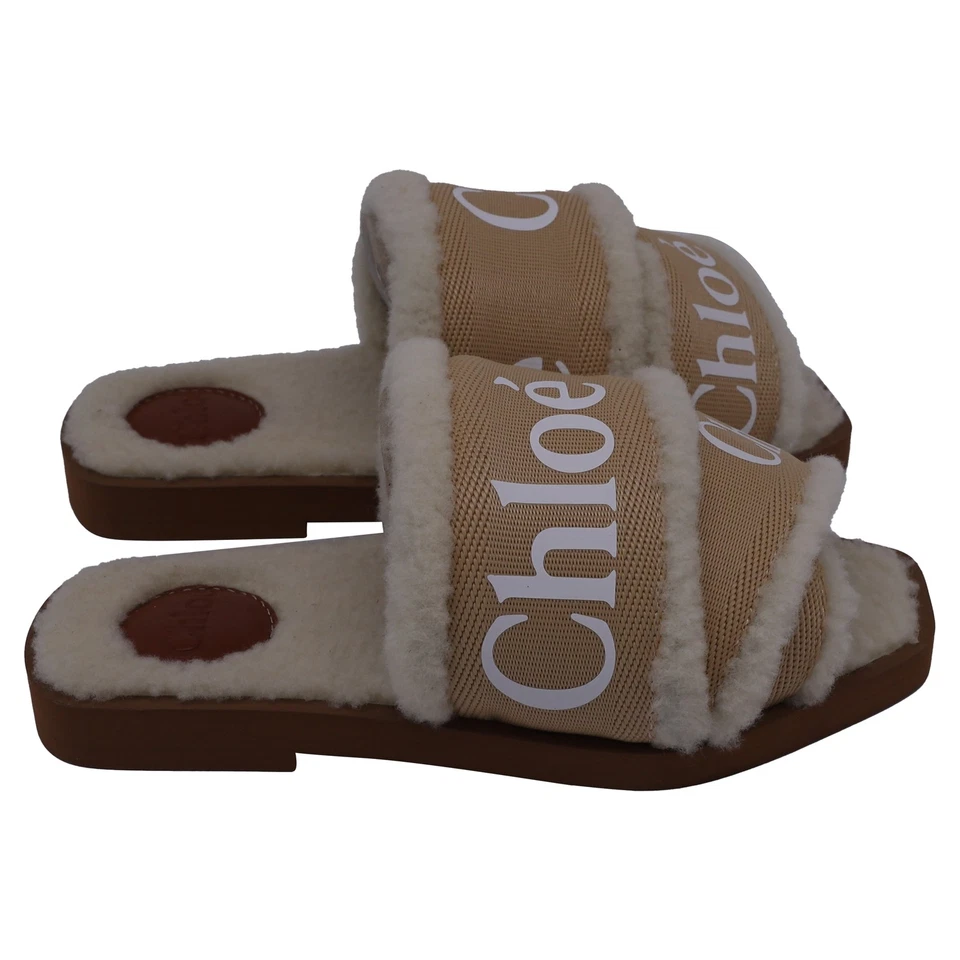 Chloe Woody Shearling Flat Slides In Canvas Women Beige Size 34