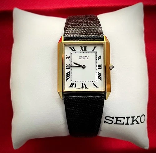 Pristine Gold Vintage Seiko 4110-5007 Quartz Tank Watch with  Black Lizard Band