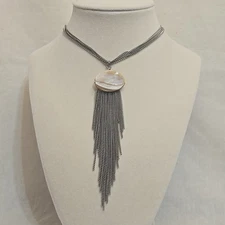 Vintage Charming Charlie Shell & Silver Tone Layered Chain Fringe Necklace MOP
