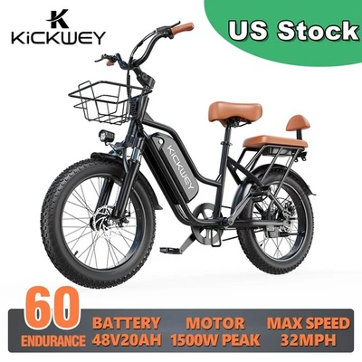 AMYET 1500W 20AH 32MPH Electric Bike 2-Seat Fat Tire City Travel Commuter eBike