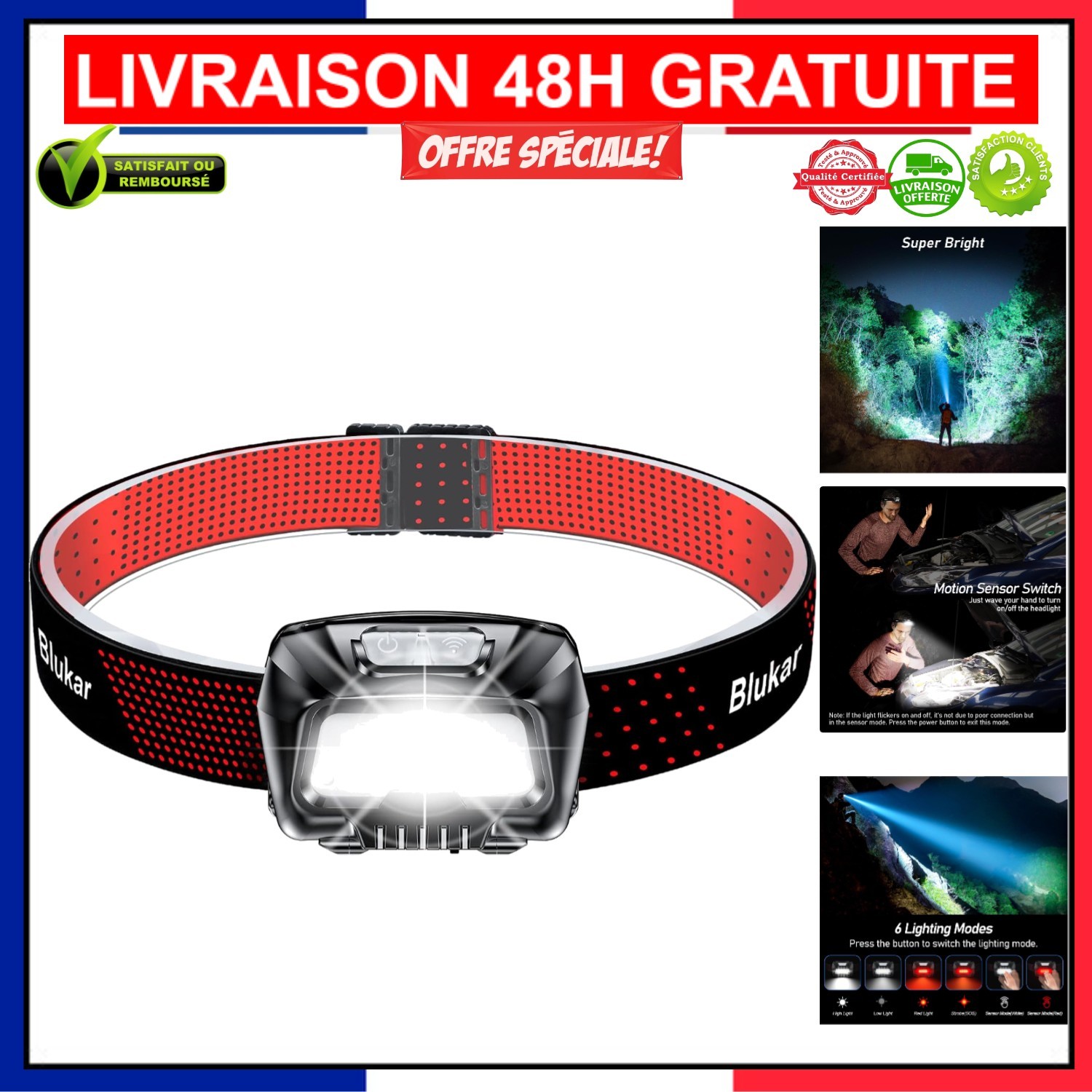 Lampe frontale Blukar rechargeable USB pour randonnée nocturne et course à pied trail running