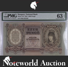 Hungary National Bank 1000 Pengo 1943 P 116 As Made Wrinkles UNC PMG 63 EPQ