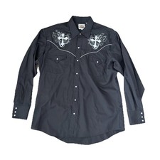 ELY Cattleman Black Western Shirt L Embroidered Cross Pearl Snap Cowboy