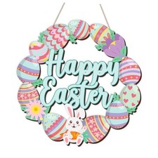 Happy Easter Decorations Door Sign, Bunny Eggs Wood Wreath for Front Door