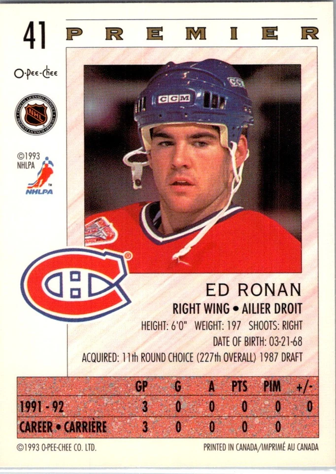 1992-93 O-Pee-Chee Premier Ed Ronan Rookie Montreal Canadiens #41 - Image 2 of 2