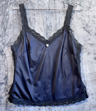 Vintage Olga Cami Tank Top Black Nylon Lingerie Sleep Shirt, Second Skin Shiny L