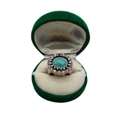 Created Emerald Stone Two Tone Ring Sz 6 w/ Jewelry Ring Box