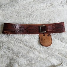 Wide engraved dark brown leather holster belt with silver buckle
