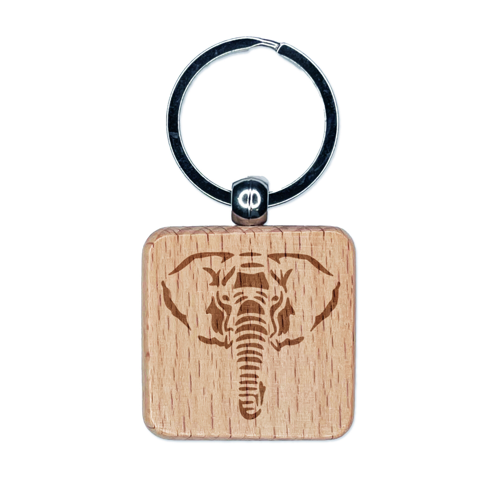 Elephant Engraved Wooden Square Keychain Tag with Face Design
