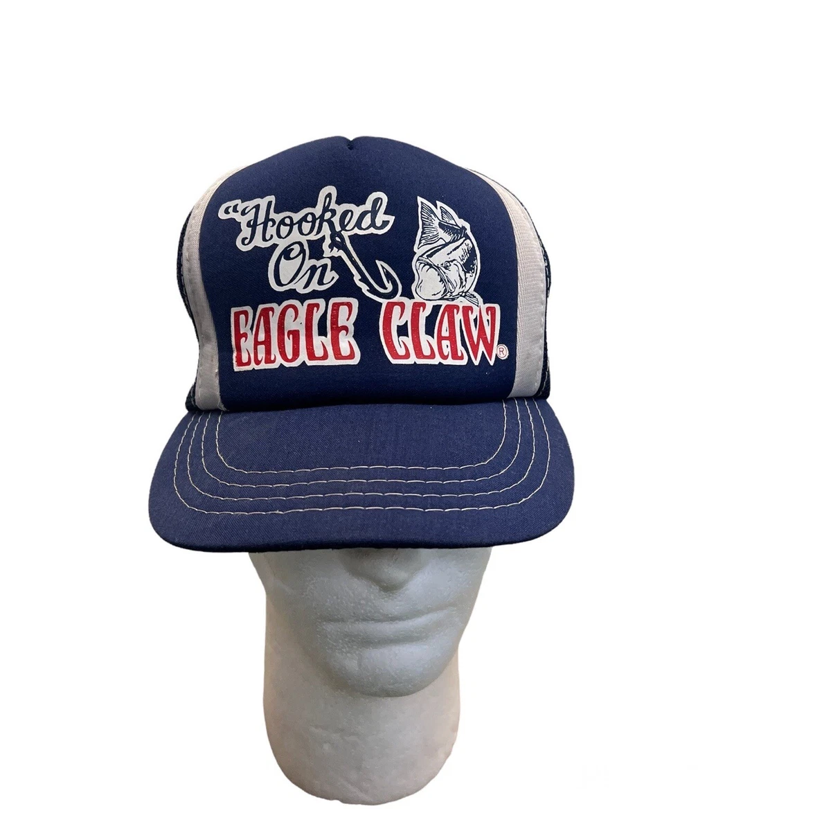 Vintage 80s Hooked On Eagle Claw fishing tackle foam mesh trucker hat navy