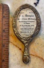 Espejo de mano antiguo WM Dangler Plumas Publicidad Latón/Vidrio Nueva York París