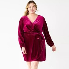 NWT Womens Plus Size 2X Nine West Fuchsia Pink Long Sleeve Velvet Mini Dress NEW