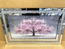 PINK BLOSSOM TREE LIQUID ART CRUSHED DIAMOND FRAME MIRRORED WALL ART 80x50 cm