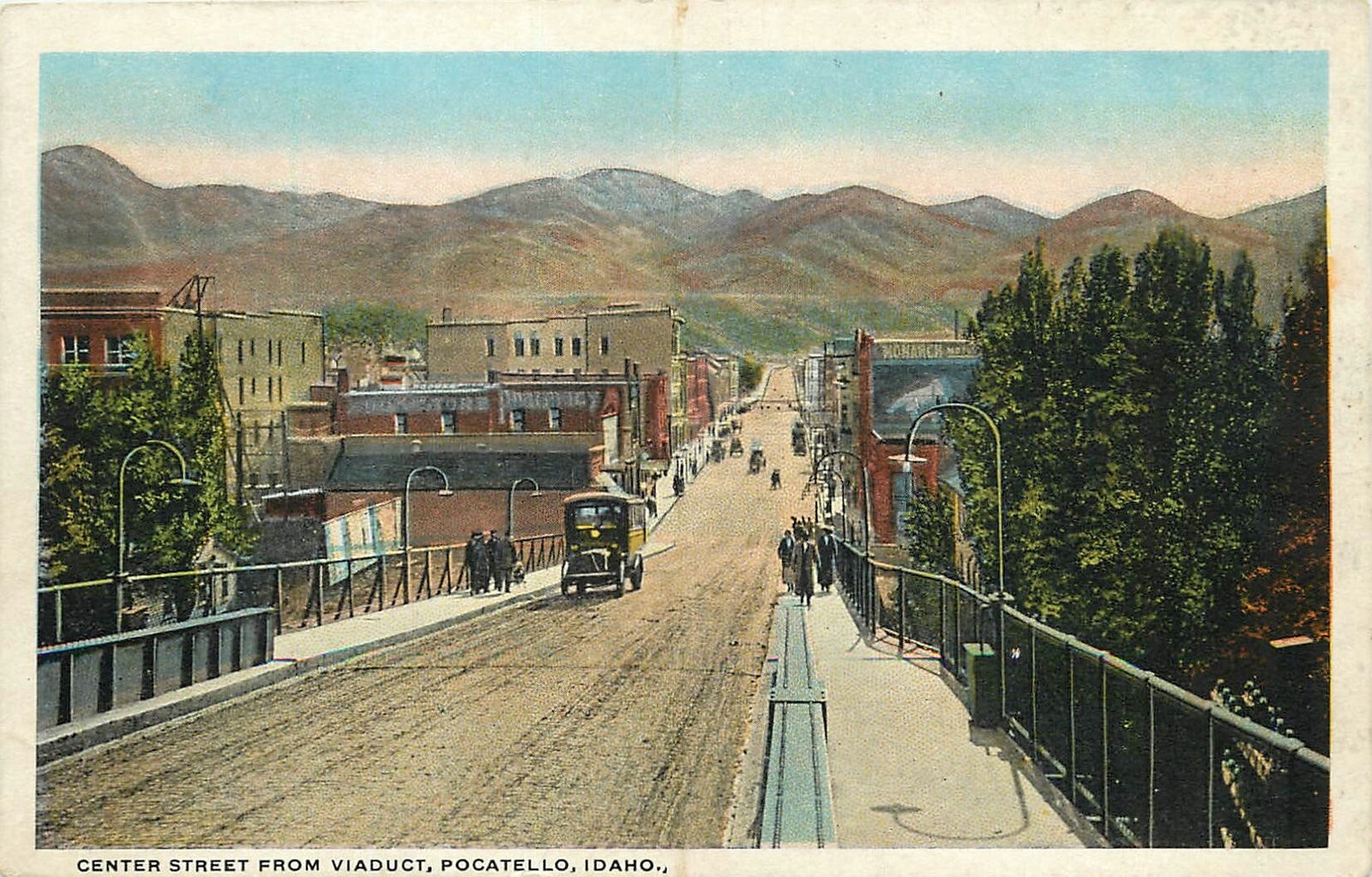 1920s Pocatello Idaho Center Street Viaduct people autos Teich Postcard 25-3030