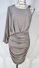 Betsy Adams Ruche One Shoulder Cocktail Dress 8 USA  Bodycon Bridal Gold Tan