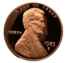 1985-S Proof Lincoln Memorial One Cent Coin Penny.