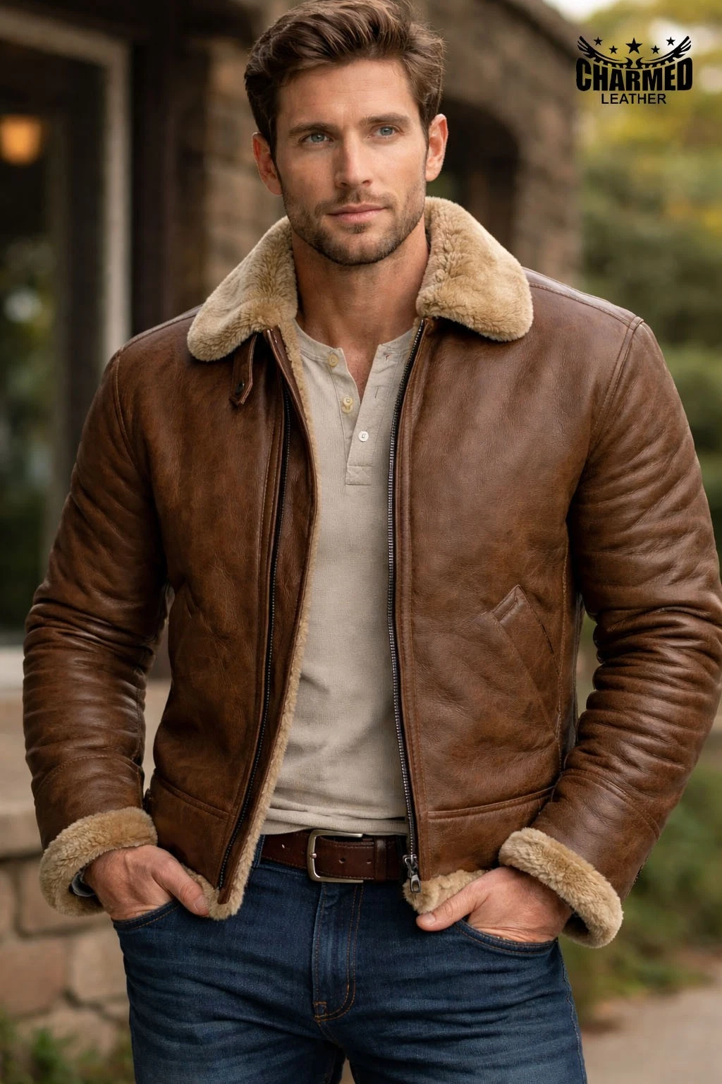 Men’s Brown Shearling Leather Jacket – Vintage B3 Aviator Style – Real Leather