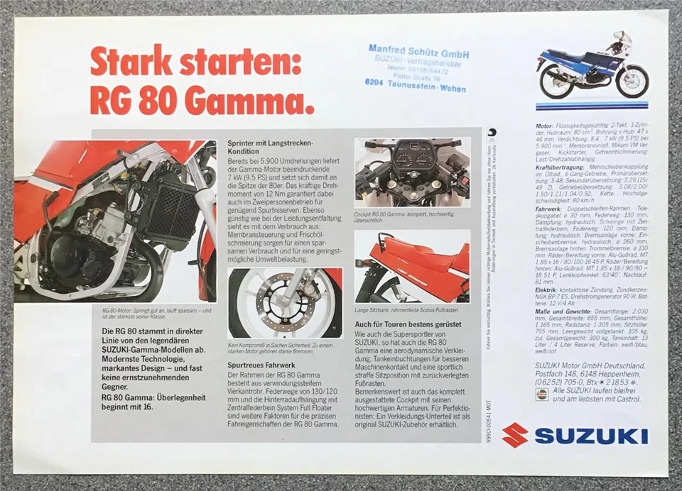 SUZUKI RG80 Motorcycle Sales Spec Leaflet c1984 Ref 995CI-00541-MOT  German Text - Image 2 of 2