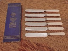 Vintage ART DECO Boxed Set 6 Faux Bone DESSERT KNIVES - Made in Sheffield