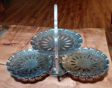 Folding 3 Tier Metal Filigree Cake Tray Platter Hors D'oeuvres Vintage
