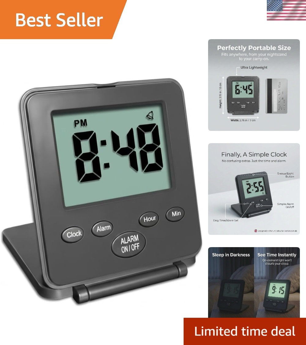 Travel-Ready Alarm Clock with Clear Display & Snooze - Lightweight Black Design