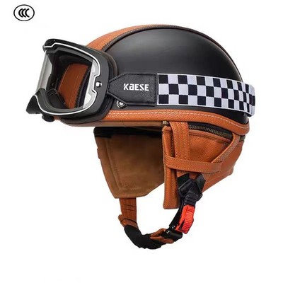 DOT Leather Motorcycle Half Open Face Helmet Scooter Helmet Matte Black Orange