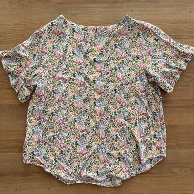 LOFT Womens Ditsy Floral Flutter Sleeve Rayon Blouse Pink Yellow Green Size M