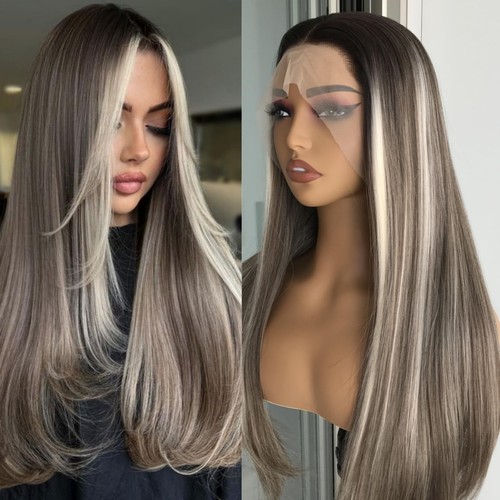 Ashy Brunette with Blonde Highlights Straight Synthetic Lace Front Wig for Wo...