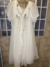 RADCLIFFE Set S Chiffon Lace Tulle Nightgown Peignoir Robe Negligee Ivory VTG
