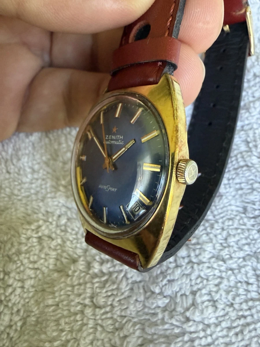Zenith AutoSport Automatic Blue Sunburst Dial Date Gold Plated Case Leather